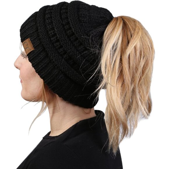Women's Black Beanie Pony Tail Messy Bun Solid Stretch-Able Ribbed Hat Cap - Picture 1 of 9